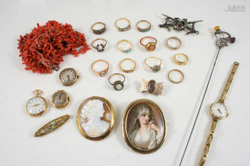 A JEWELLERY BOX CONTAINING VARIOUS ITEMS OF JEWELLERY including a silver hat pin by Charles