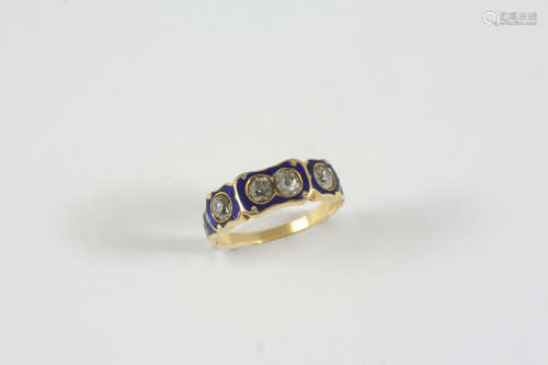 A GEORGIAN DIAMOND AND ENAMEL RING the gold mount with blue enamel decoration and mounted with