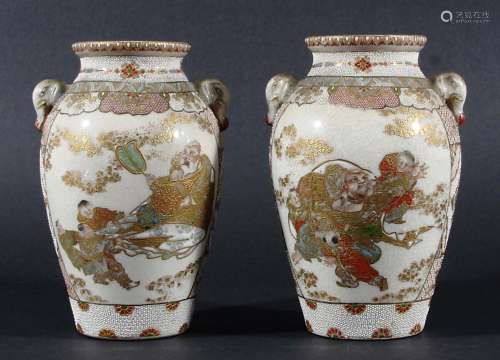 PAIR OF JAPANESE SATSUMA VASES, of shouldered form, painted with figural scenes, the reverse with