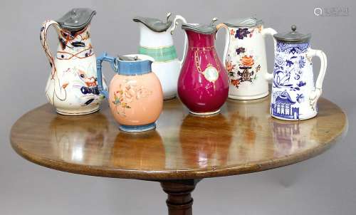 COLLECTION OF VICTORIAN JUGS, various makers and styles including Imari, relief moulded, printed and