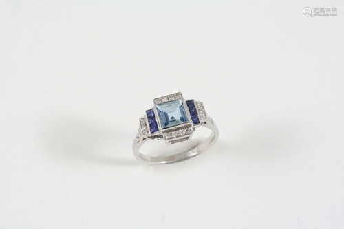 AN AQUAMARINE, SAPPHIRE AND DIAMOND CLUSTER RING the square-shaped aquamarine is set within a