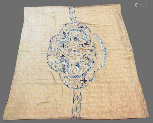 CHINESE SILK EMBROIDERY, probably late 19th century, worked in silks with two scrolling, five claw