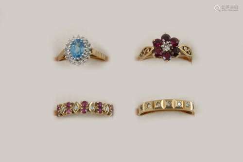 FOUR ASSORTED GOLD AND GEM SET RINGS including a garnet and diamond cluster ring, set in 9ct.