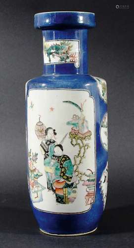 CHINESE FAMILLE VERTE ROULEAU VASE, Kangxi style but later, painted with two maidens in an