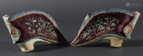 PAIR OF CHINESE LADIES SILK SHOES, embroidered with silk, silver and gilt threads with scrolling