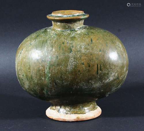 CHINESE COCOON VASE, Han style but probably later, in a mottled green glaze above an unglazed foot