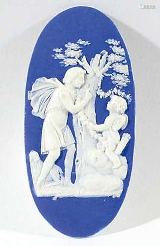 BLUE JASPER OVAL PLAQUE, 19th century, the cameo of cupid and a traveller by a tree, height 7cm,