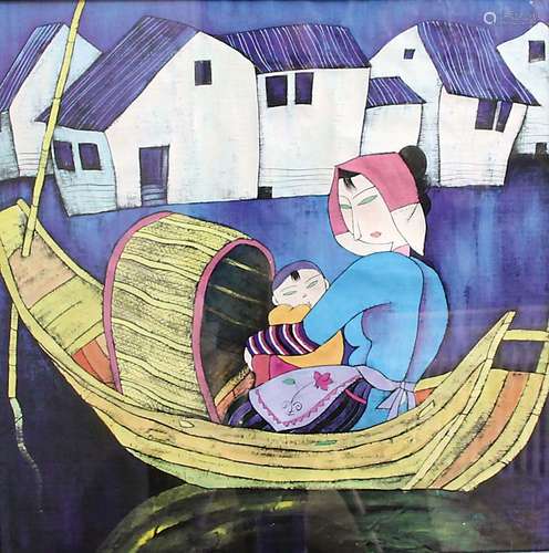 AFTER HU YONKAI, Mother and Child in a sampan, gouache, red seal mark lower right, 59cm x 59cm