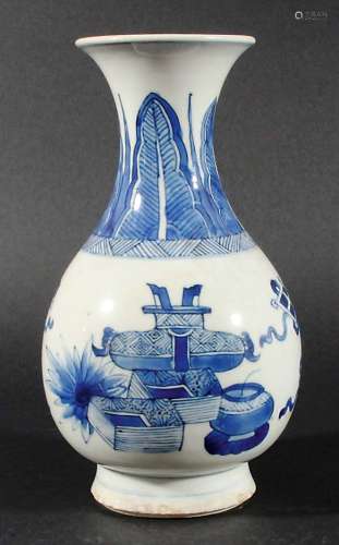 CHINESE BLUE AND WHITE BALUSTER VASE, probably Kangxi, painted with vases and boxes beneath a band