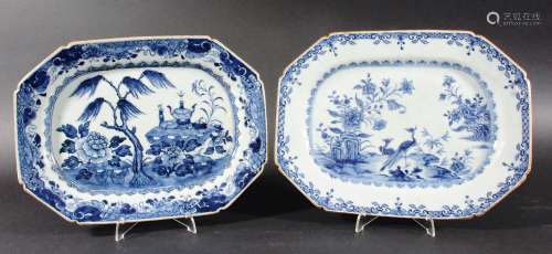 TWO CHINESE BLUE AND WHITE PLATTERS, late 18th century, painted with two birds in a rocky garden and