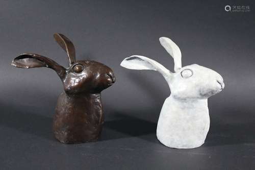 PAIR OF CONTEMPORARY BRONZE HARES - A J BUTCHER a pair of modern Bronze Hares, one signed A J