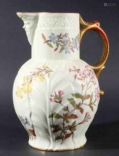 ROYAL WORCESTER OLD IVORY CABBAGE LEAF JUG, date code for 1887, painted and gilt floral sprays, puce