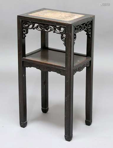 CHINESE HARDWOOD AND MARBLE TOPPED TABLE, with pierced scrolling foliate apron and square section