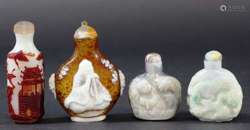 GROUP OF FOUR CHINESE SNUFF BOTTLES, to include red glass cut through to white, aventurine and