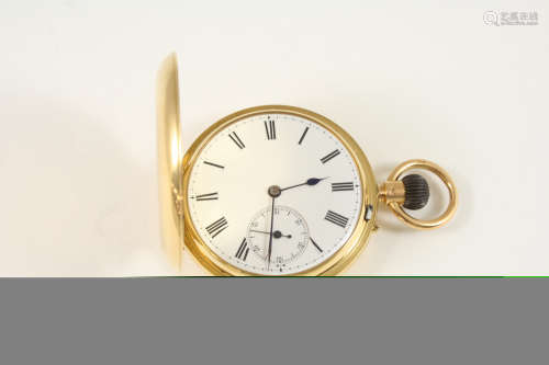 AN 18CT. GOLD FULL HUNTING CASED POCKET WATCH the white enamel dial with Roman numerals and