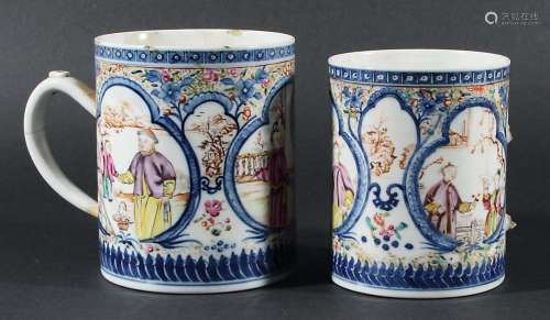 CHINESE TANKARD, late 18th century, enamelled with figural scenes inside underglaze blue cartouches,