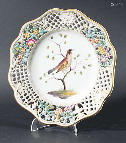 MEISSEN ORNITHOLOGICAL PLATE, 19th century, painted with a bird and a bush inside a floral and