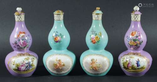 PAIR OF MEISSEN STYLE DOUBLE GOURD SCENT BOTTLES AND STOPPERS, late 19th century, painted with