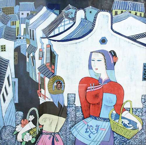 AFTER HU YONKAI, Chinese ladies with baskets before a town, gouache, iron red seal lower right, 59cm