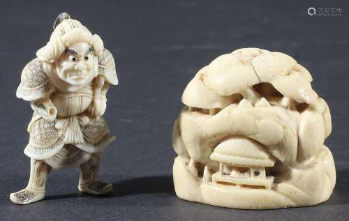 JAPANESE IVORY NETSUKE, Meiji, carved as a samurai, height 4.5cm; together with another carved as