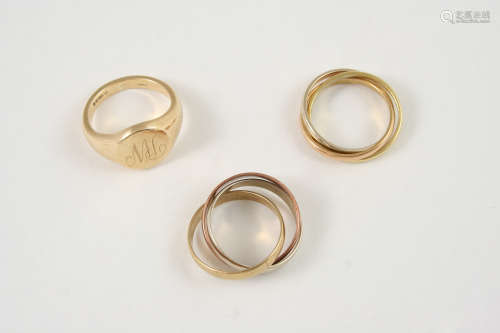 A 9CT. GOLD SIGNET RING engraved with initials, 6.7 grams, size J 1/2, together with an 18ct.