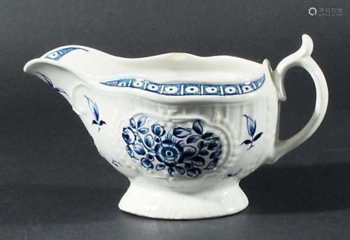 WORCESTER SAUCEBOAT, circa 1770-80, blue painted in the Strap Flute Sauceboat Floral pattern, open