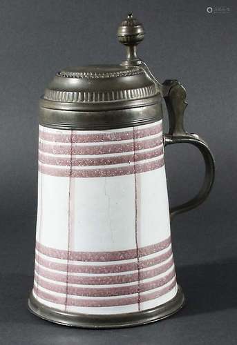 GERMAN FAIENCE TANKARD, 18th century, the tapering body with manganese banded decoration, pewter