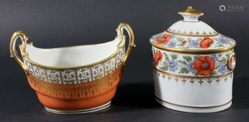 ENGLISH PORCELAIN SUCRIER AND COVER, circa 1800, of oval form with blind moulded ring handles,