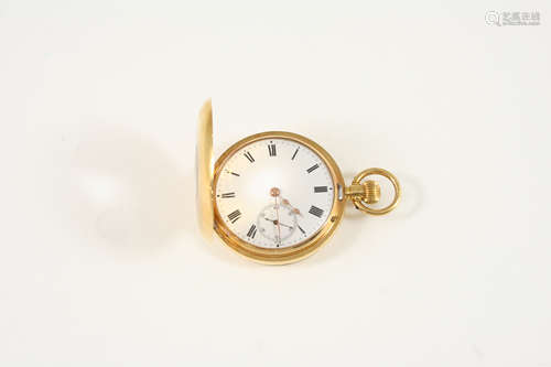 AN 18CT. GOLD HALF HUNTING CASED POCKET WATCH the white enamel dial with Roman numerals and