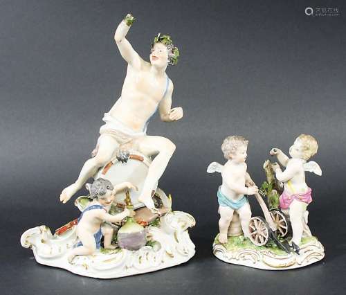 MEISSEN STYLE BACCHUS GROUP, 19th century, Bacchus seated on a barrel and a putti filling a wine