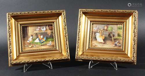 PAIR OF ENGLISH PORCELAIN PLAQUES, signed F Clark, painted with farmyard scenes with cockerels and