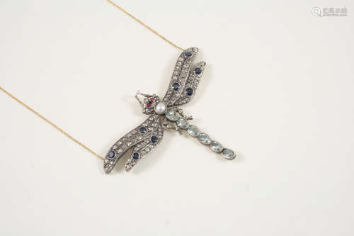 A DIAMOND AND GEM SET DRAFONFLY PENDANT set with oval-shaped aquamarines, circular sapphires and