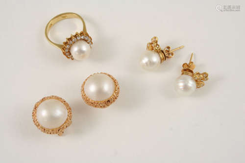 A PAIR OF MABE PEARL AND 14CT. GOLD STUD EARRINGS together with a pair of cultured pearl and diamond