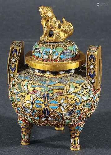 CHINESE CHAMPLEVE KORO AND COVER, of two handled, tripod form, with dog of fo finial to the cover,