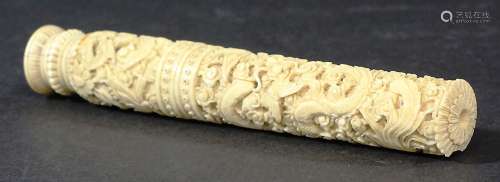 CHINESE IVORY NEEDLE CASE OR ETUI, 19th century, with Canton style carving of scrolling dragons