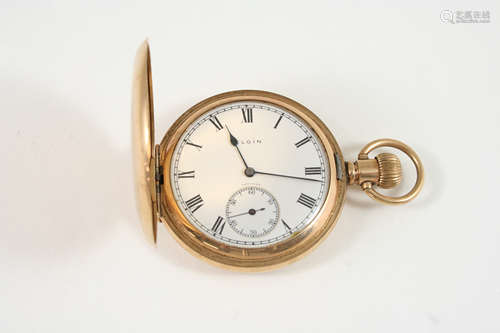 A 9CT. GOLD FULL HUNTING CASED POCKET WATCH BY ELGIN the signed circular dial with Roman numerals