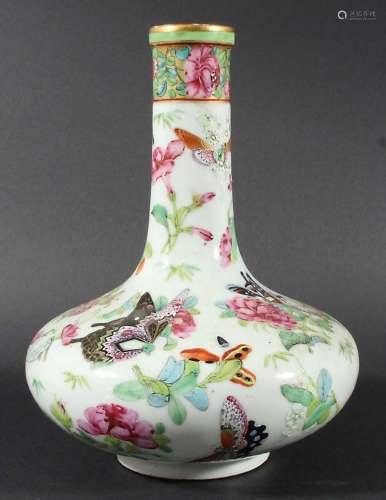 CHINESE FAMILLE ROSE BOTTLE VASE, 19th century, painted in the Canton style with butterflies,