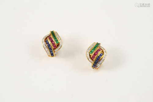 A PAIR OF GOLD, DIAMOND AND GEM SET EARRINGS each set with rows of calibre-cut emeralds, rubies