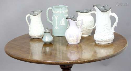 COLLECTION OF VICTORIAN RELIEF MOULDED STONEWARE AND PARIAN JUGS, to include Minton, Ridgway,