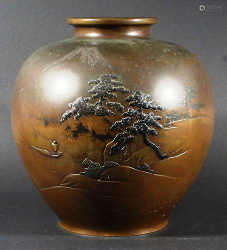 JAPANESE BRONZE AND INLAID VASE, Meiji, of ovoid form decorated in relief with a figure in a boat