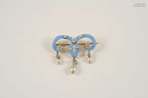 A DIAMOND, ENAMEL AND PEARL BROOCH the pale blue enamel swirl design is mounted with circular-cut
