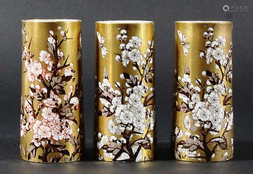 THREE COALPORT AESTHETIC CYLINDER VASES, late 19th century, printed with flowering prunus on a