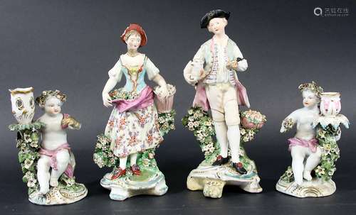 PAIR OF DERBY PATCH MARK GARDENER FIGURES, late 18th century, he holding a lamb, she a basket of