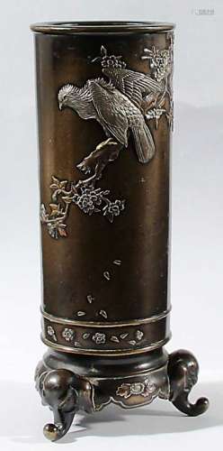 JAPANESE BRONZE AND INLAID VASE, Meiji, applied with a bird of prey in branches in silver, gold
