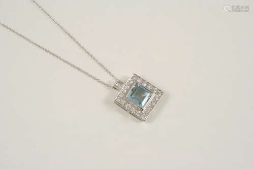 AN AQUAMARINE AND DIAMOND CLUSTER PENDANT the square-shaped aquamarine is set within a surround of