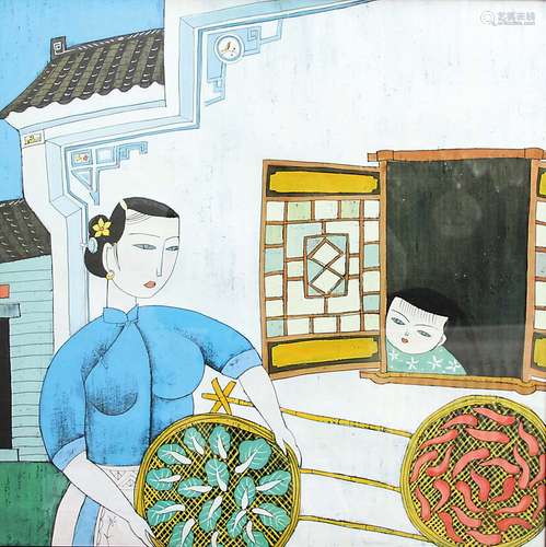 AFTER HU YONKAI, Chinese mother and child with baskets of chillis and radishes, red seal mark