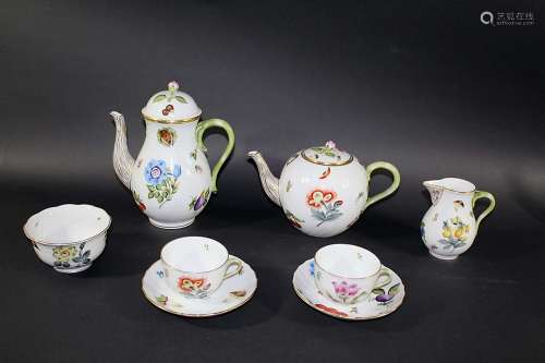 HEREND TEA & COFFEE SERVICE - FRUITS & FLOWERS including 18 tea cups and saucers, a large teapot (