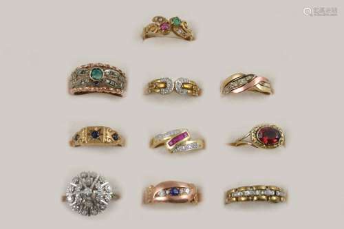 TEN ASSORTED GEM SET AND GOLD RINGS including a ruby and diamond ring, set in 9ct. gold, size L 1/2,