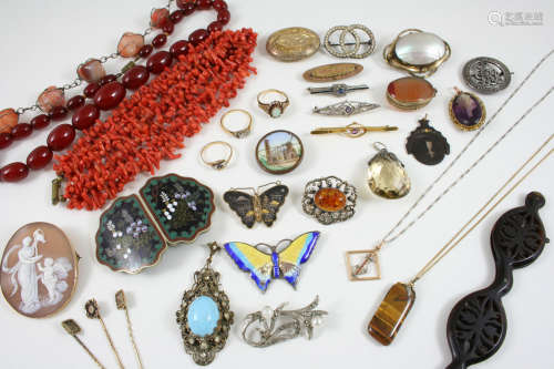 A LARGE QUANTITY OF JEWELLERY AND COSTUME JEWELLERY including a three row coral necklace, a ruby and