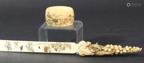 JAPANESE IVORY SHIBAYAMA PAGE TURNER, 19th century, the handle carved as a rat eating corn, the